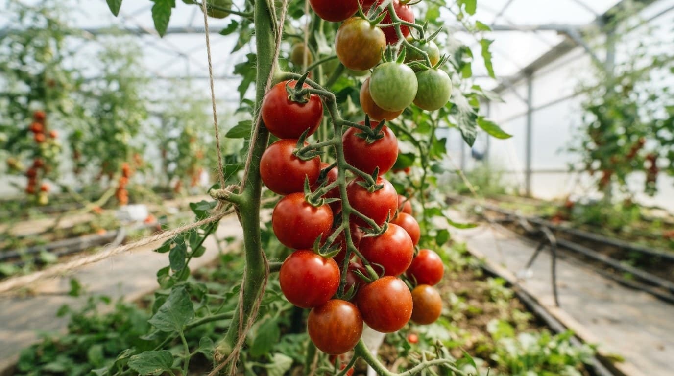 Trusses of ripe cherry tomatoes on the vine inside a greenhouse tunnel