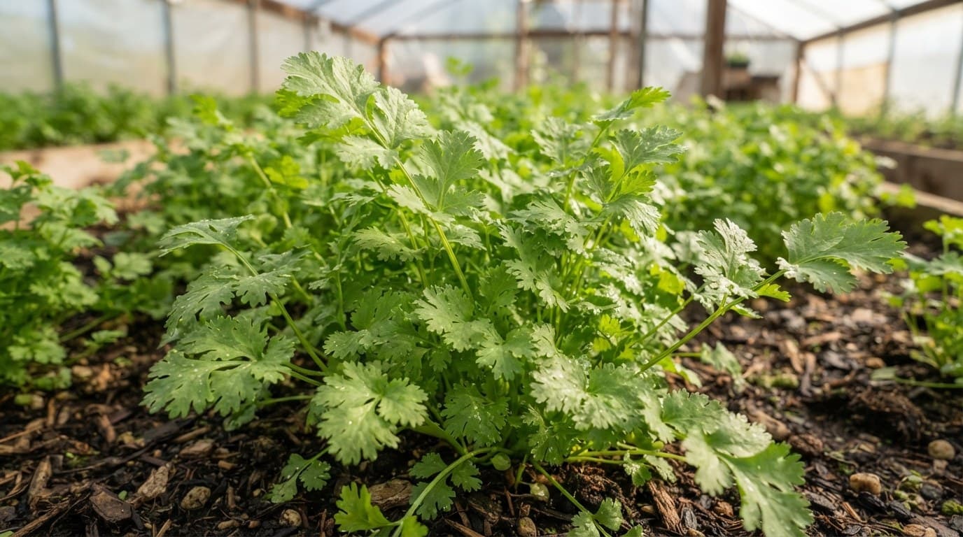 Coriander growing in the bed of a greenhouse tunnel
