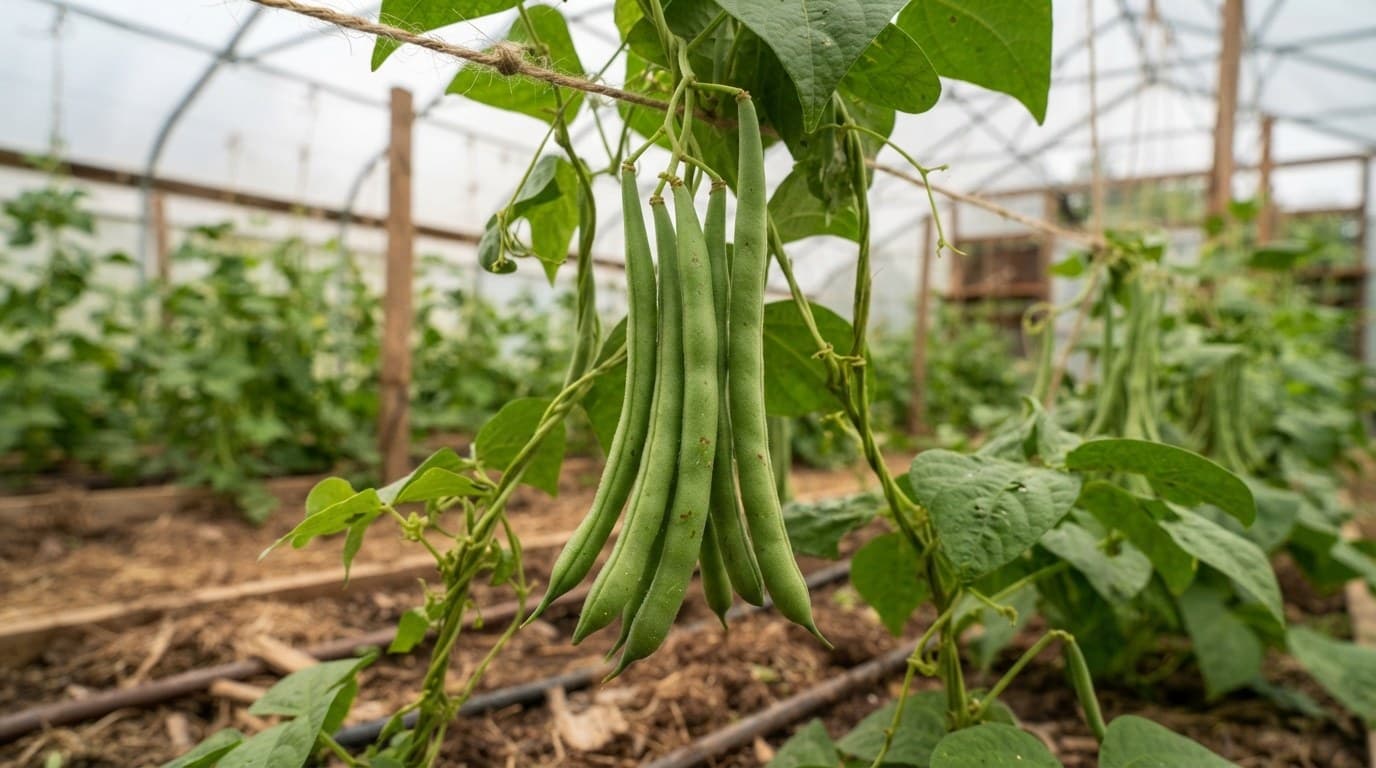 Green beans hanging in bunches from the plant in a greenhouse tunnel