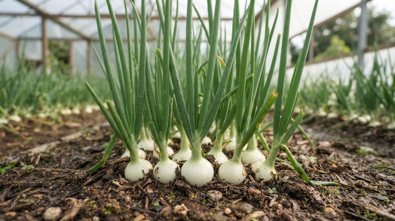 A row of spring onions with white bulbs standing in a greenhouse bed